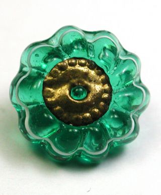 Bb Antique Charmstring Glass Button Swirl Back Green W Brass Ome 7/16 "