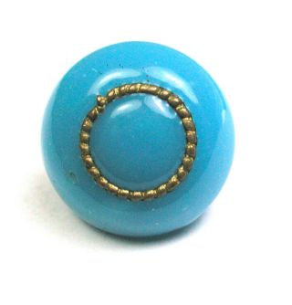 Bb Antique Charmstring Glass Button Swirl Back Turquoise W Brass Ring Ome 7/16 "