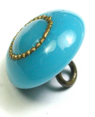 BB Antique Charmstring Glass Button Swirl Back Turquoise w Brass Ring OME 7/16 