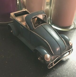Vintage Blue Cast Iron Old Convertible Beetle Car Toy