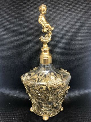 Antique Bronze Gilt Ormolu French Perfume Bottle With Cherub Topper