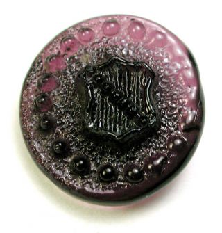 Bb Rare Antique Charmstring Glass Button Swirl Bk Amethyst Shield Pictorial 5/8 "