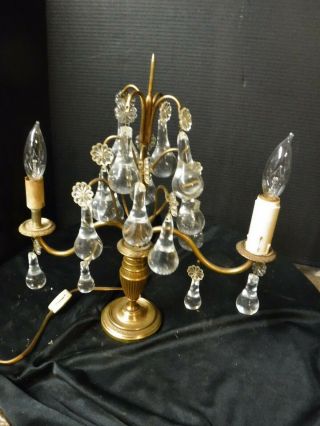 Antique Small Boudoir Ornate Two Arm Table Lamp Bronze/ Brass Prism Crystals