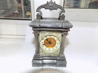 Ornate Antique Silver Plated Mechanical Wind Miniature/small Carriage Clock