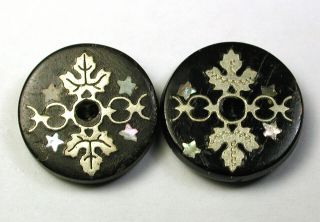 Bb Antique Horn Compo Button Set Of 2 W Fancy Silver Inlay - So Pretty 5/8 "