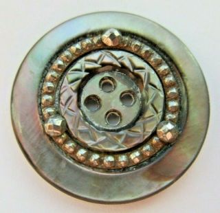 Exceptional Antique Vtg Victorian Carved Mop Shell Button Cut Steel Accent (e)