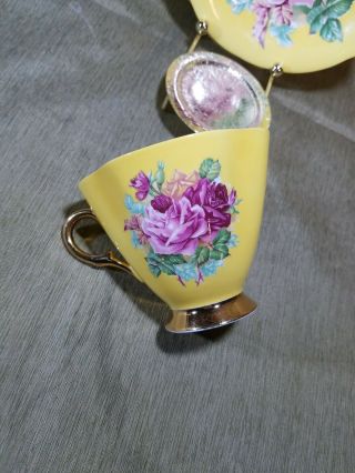 Rare Vtg Windsor Bone China Tea Cup and Saucer Large Pink Roses Gold Gilt Yellow 4