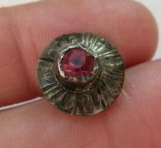 Remarkable Old Antique 19th C Silver Metal Button W/ Inset Pink Glass Paste (e)