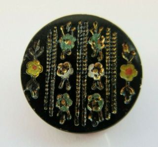Antique Vtg Victorian Black Glass Button Enamel Flower Design (e)