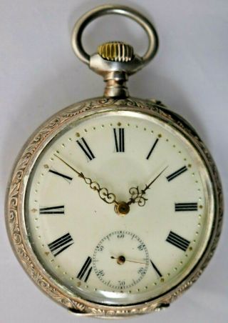 Fancy Dial Swiss Made 800 Silver Pocket Watch Runs And Stops Bullseye Crystal