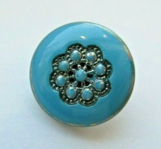 Dazzling Small Antique Vtg Victorian Turquoise Glass Button Silver Luster (f)
