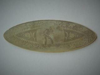 Antique Chinese Carved Mother Of Pearl Elliptical Gaming Chip Jasmine & Lotus 2