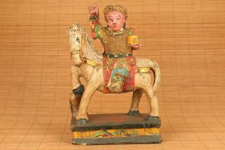 Big Old Wood Gold Painting Prince On Horse Statue Netsuke Temple Home Decoration