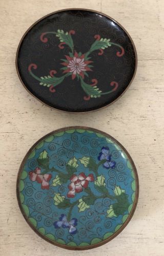 2 Vintage Chinese Cloisonne Enamel Plates Trinket Dishes China Export