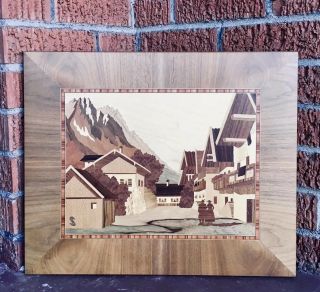 Large Vtg Mid Century German Wood Inlay Art Marquetry Signed S - Marquetry Inlay