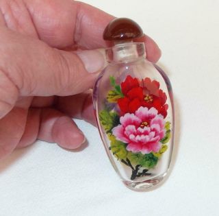 Vintage Reverse Painted Chinese Glass Snuff Bottle Floral Design On Both Sides