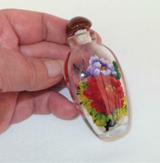 Vintage Reverse Painted CHINESE GLASS SNUFF BOTTLE Floral Design on Both Sides 2