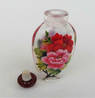 Vintage Reverse Painted CHINESE GLASS SNUFF BOTTLE Floral Design on Both Sides 4