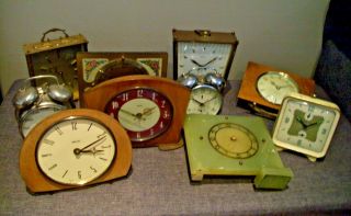Box Of Ten Vintage Winding Mechanism Clocks Various Brands/styles (incl Smiths)