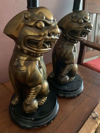 Vintage Mid Century Modern Brass Gold Metal Asian Foo Dog Lamps Pair 2 Pc