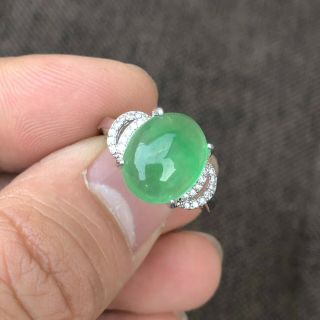 S925 Silver & Green Jadeite Jade Oval Bead Handwork Chinese Rare No.  6.  5 - 12 Ring