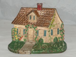 Antique Figural Cast Iron Doorstop Cottage House Building 211 Good Paint