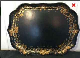 Vintage Wood Serving Tray Decorated In Hand Painting Of Gold Gilt Floral Design