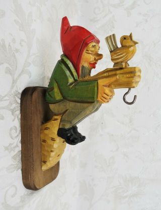 Vintage Mid Century Wood Carved Folk Art Gnome Sconce Wall Hanging Hook