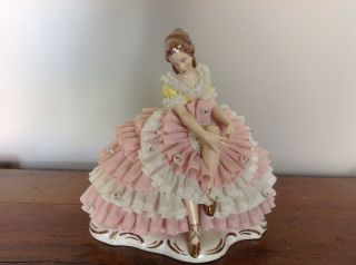 Vintage Dresden Germany Porcelain Lace Figurine Sitting Lady Pink Dress Knee
