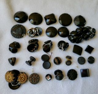Antique Vintage Black Glass Buttons Victorian Florals Mixed Lot; Some Lusters