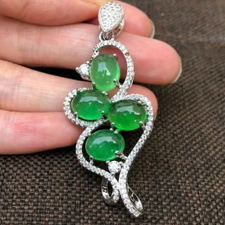 Chinese Rare S925 Silver & Jadeite Jade Handwork 4 Green Beads Rich Bird Pendant