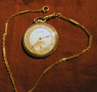 Vintage Bulova 17ah Pocket Watch 15 Jewel 10k Rolled Gold Non - With/chain