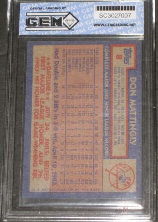 1984 Topps DON MATTINGLY Rookie Baseball Card 8 Gem Grading 10 Gem RC$ 5