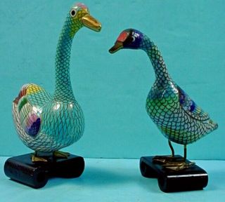 Pair Vintage Chinese Cloisonne Enamel Long - Neck Duck Figurines
