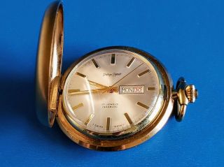 Vintage Phillipe Monet Wind Up Day Date Pocket Watch 17 Jewels Incabloc Swiss