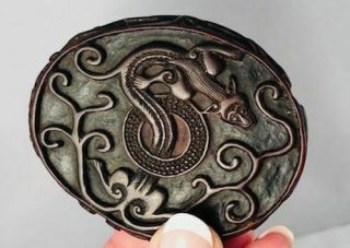 Exceptional Chinese Hand Carved Black Cinnabar Panther Pendant Medallion 2