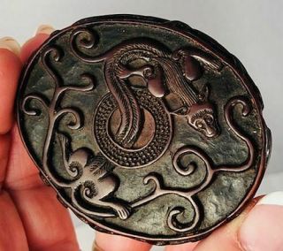 Exceptional Chinese Hand Carved Black Cinnabar Panther Pendant Medallion 3