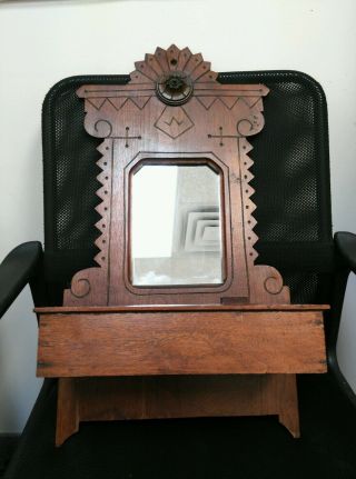 Antique Eastlake Victorian Carved Walnut Shaving Wall Mirror Shelf