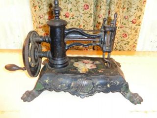 Wonderful Antique Cast Iron Sewing Machine - Claw Feet - Wooden Knob For The Wheel