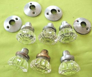 3 Pairs Old Vintage Reclaim Facet Glass Door Handles Knobs With 4 Backplates