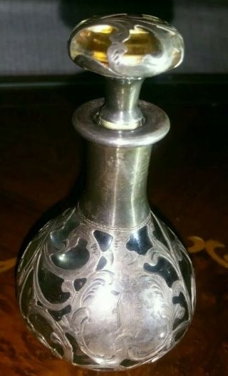 Groham / Alvin Silver Co.  4.  25 " Perfume.  999 Fine Silver Overlay Bottle W/ Top