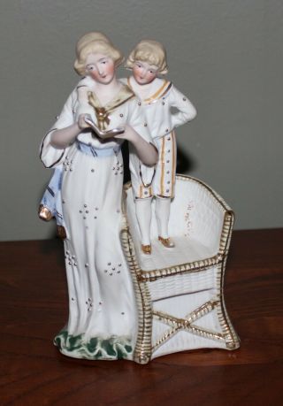 Vintage Bisque Porcelain Figurine Of Mother And Son Reading Germany