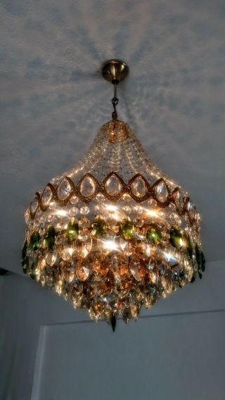 Antique Vintage Brass Green Crystal Chandelier Basket Ceiling Light Fixture Ligh