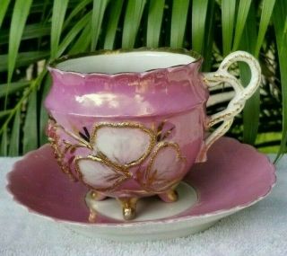 Vintage Mustache Cup And Saucer Hand Painted Raised Flowers Pink & Gold