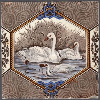 Decorative Art Tile Co.  - C1887 - Swans - Antique Hand - Painted Victorian Tile