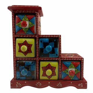 Jewelery Box Gift Handmade Wooden & Ceramic Small Chest Of 6 Decorated Drawers