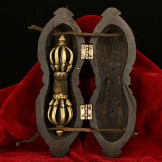 Rare Old Tibetan Buddhist Supplies Bronze Demon Pestle Bell Faqi Wood Box Ae01e