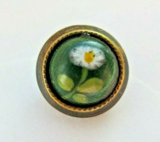 Darling Small Antique Vtg Foiled Glass In Metal Button W/ Enamel Flower (e)