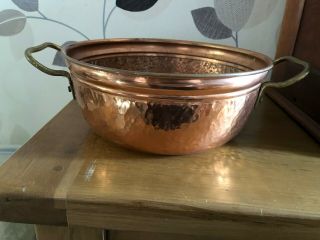 Vintage Round Copper Planter/plant Pot With Brass Handles