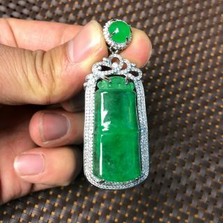 Rare Chinese S925 Silver & Green Jadeite Jade Handwork Rich Bamboo Joint Pendant 2